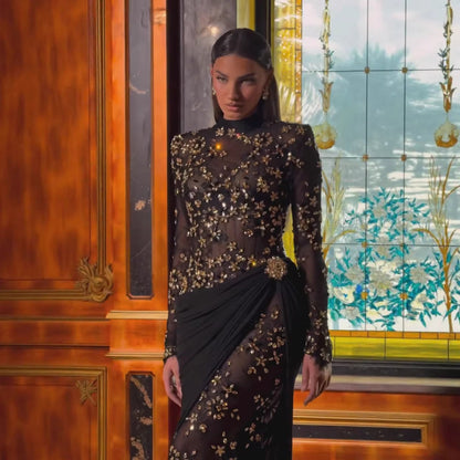 Luxury Arabic Black Modest Long Sleeves Beaded Evening Dress With Chiffon Skirt LA73524