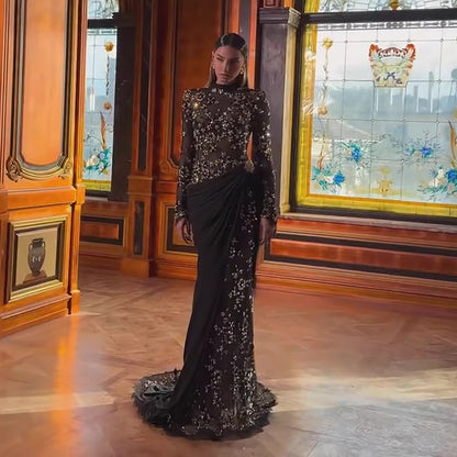 Luxury Arabic Black Modest Long Sleeves Beaded Evening Dress With Chiffon Skirt LA73524
