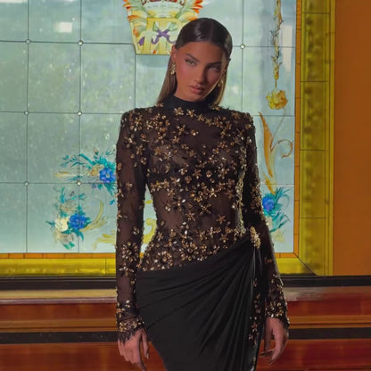 Luxury Arabic Black Modest Long Sleeves Beaded Evening Dress With Chiffon Skirt LA73524