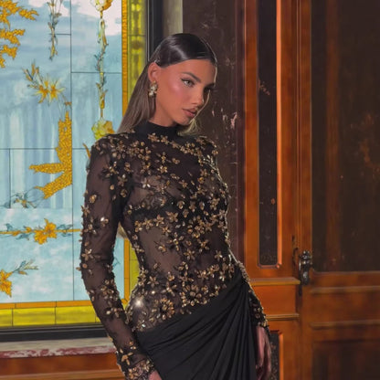 Luxury Arabic Black Modest Long Sleeves Beaded Evening Dress With Chiffon Skirt LA73524