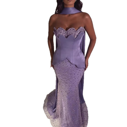 Luxury Purple Strapless Corset Beaded Evening Dress With Scarf LA73525