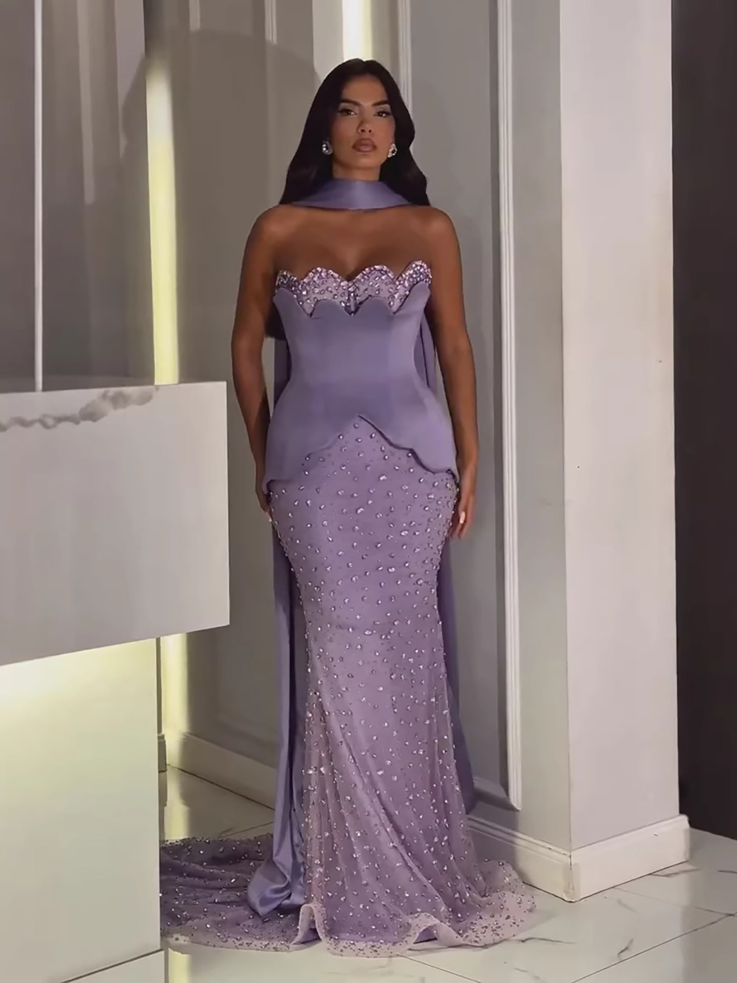 Luxury Purple Strapless Corset Beaded Evening Dress With Scarf LA73525