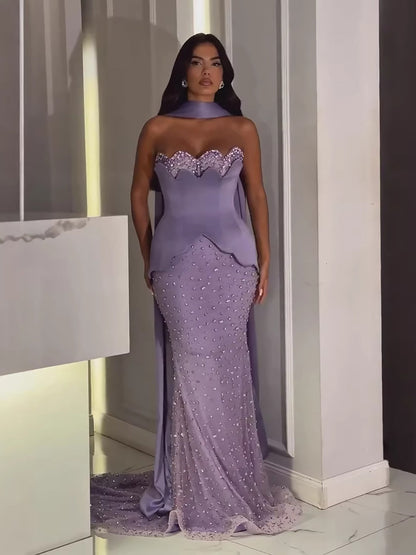 Luxury Purple Strapless Corset Beaded Evening Dress With Scarf LA73525