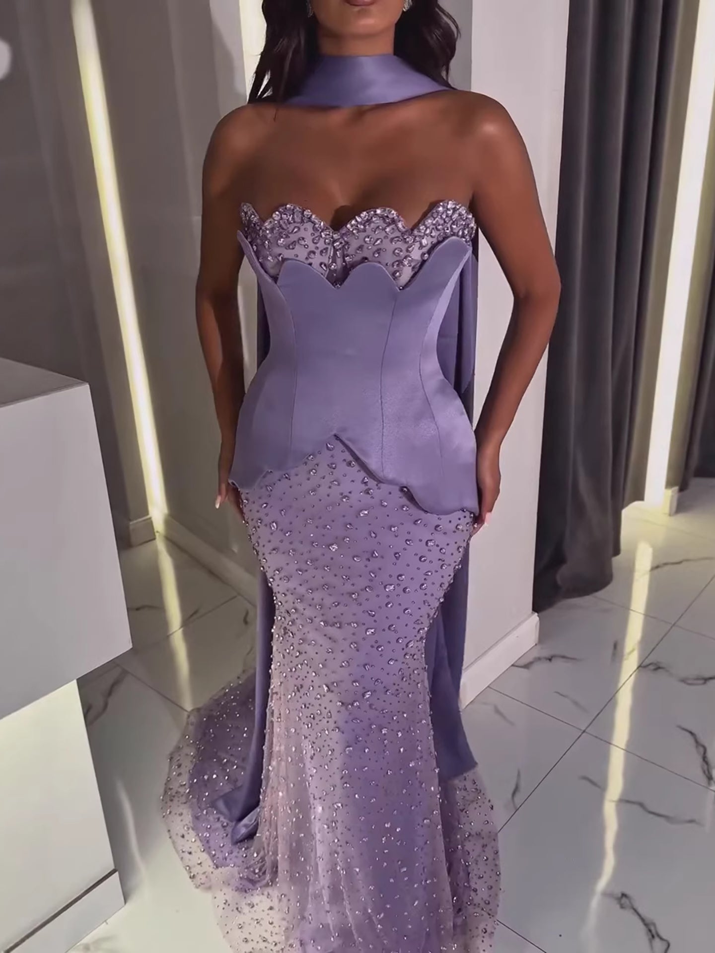 Luxury Purple Strapless Corset Beaded Evening Dress With Scarf LA73525
