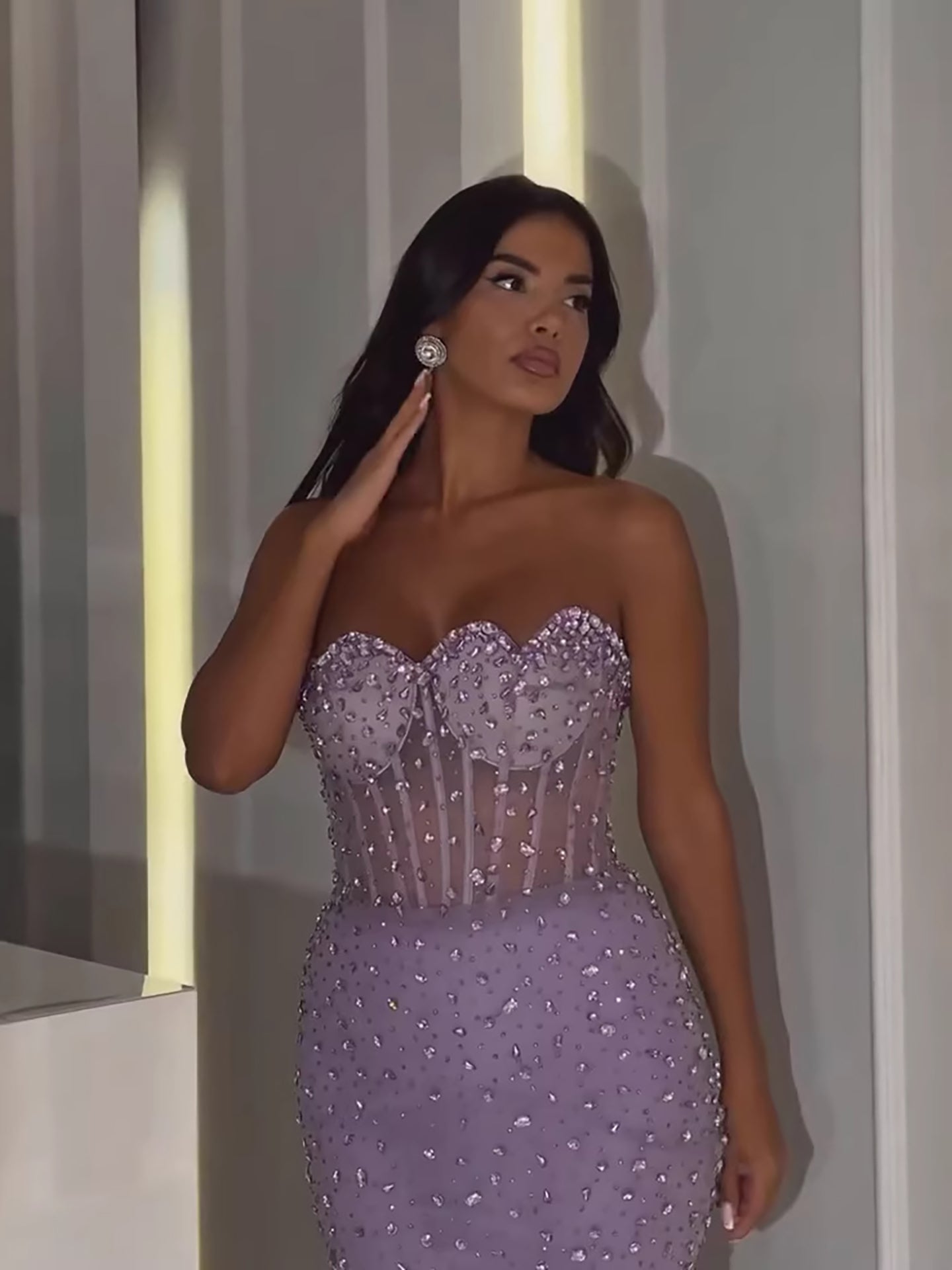 Luxury Purple Strapless Corset Beaded Evening Dress With Scarf LA73525