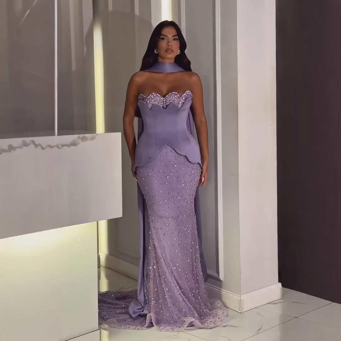 Luxury Purple Strapless Corset Beaded Evening Dress With Scarf LA73525