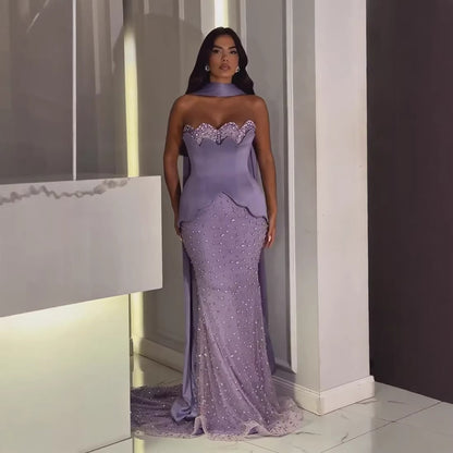 Luxury Purple Strapless Corset Beaded Evening Dress With Scarf LA73525