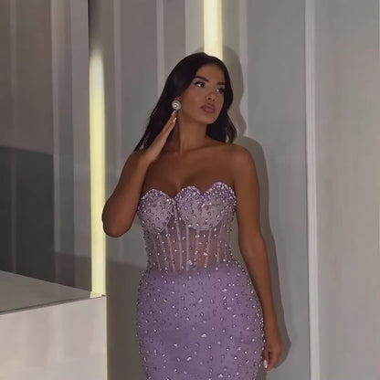 Luxury Purple Strapless Corset Beaded Evening Dress With Scarf LA73525