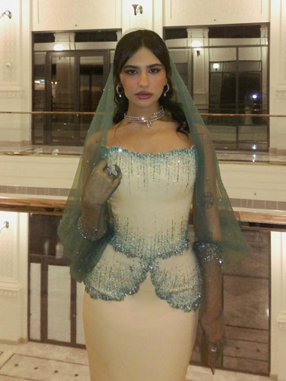 Luxury Green Beige Strapless Elegant Beaded Evening Dress With Gloves LA73526