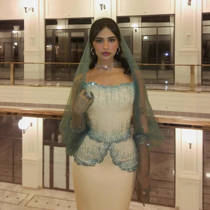 Luxury Green Beige Strapless Elegant Beaded Evening Dress With Gloves LA73526