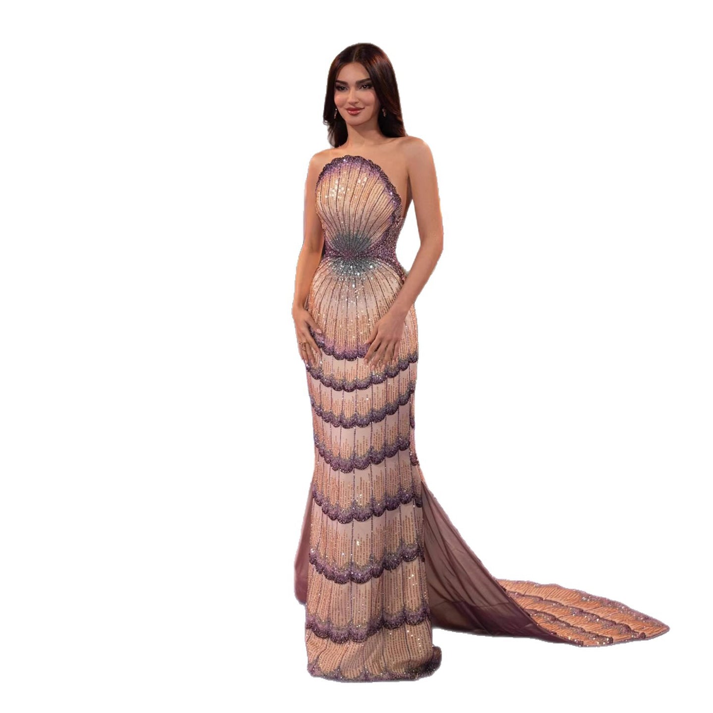 Luxury Purple Strapless Backless Beaded Evening Dress With Skirt LA73527