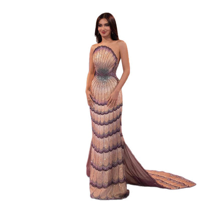 Luxury Purple Strapless Backless Beaded Evening Dress With Skirt LA73527