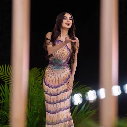 Luxury Purple Strapless Backless Beaded Evening Dress With Skirt LA73527