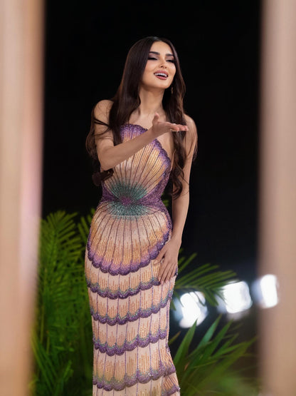 Luxury Purple Strapless Backless Beaded Evening Dress With Skirt LA73527