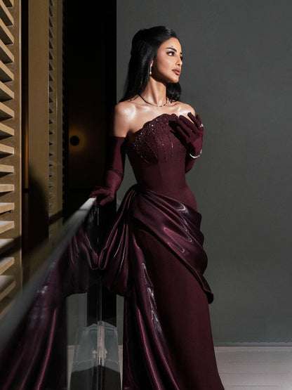 Luxury Wine Red Strapless Beaded Evening Dress With Skirt With Gloves LA73528