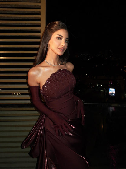 Luxury Wine Red Strapless Beaded Evening Dress With Skirt With Gloves LA73528