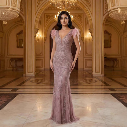 Luxury Caramel Beaded Feather Mermaid Evening Dress LA73529