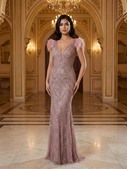Luxury Caramel Beaded Feather Mermaid Evening Dress LA73529