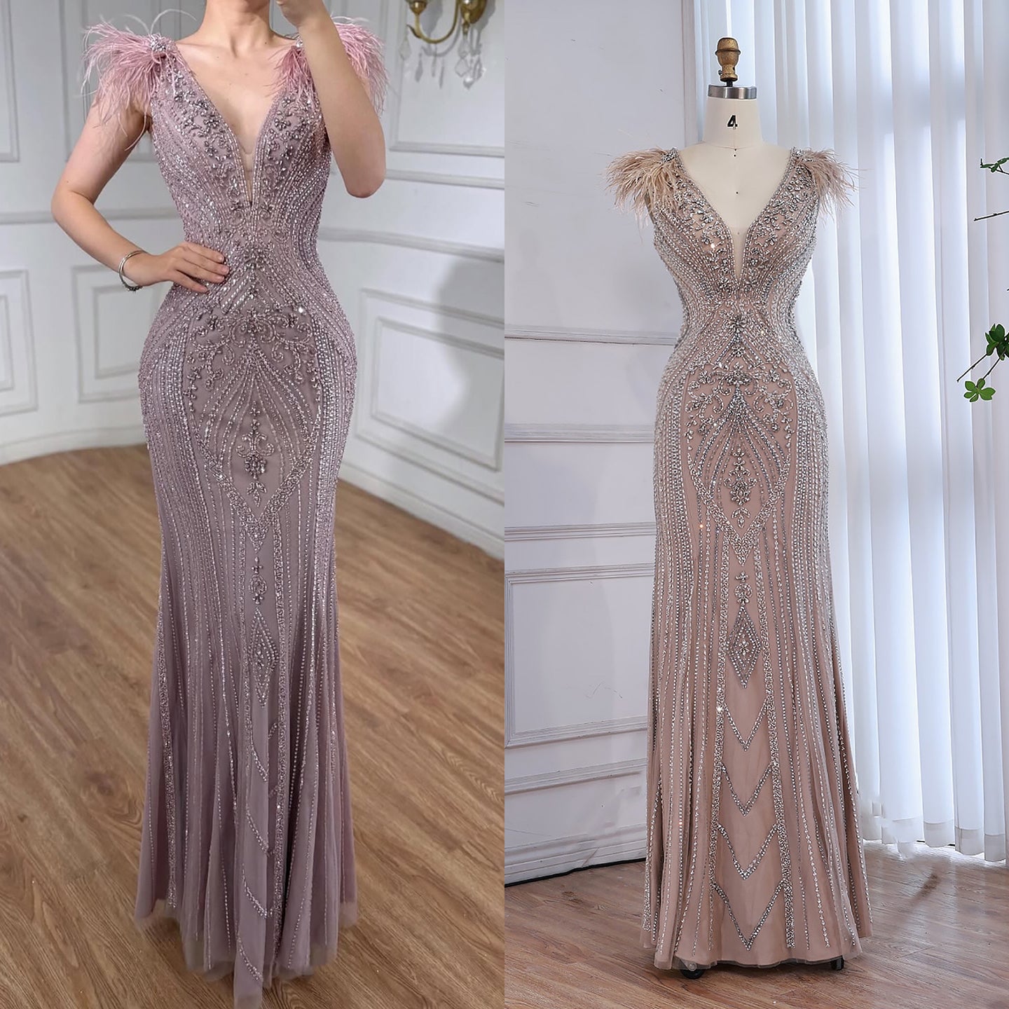 Luxury Caramel Beaded Feather Mermaid Evening Dress LA73529