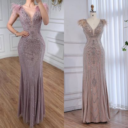 Luxury Caramel Beaded Feather Mermaid Evening Dress LA73529