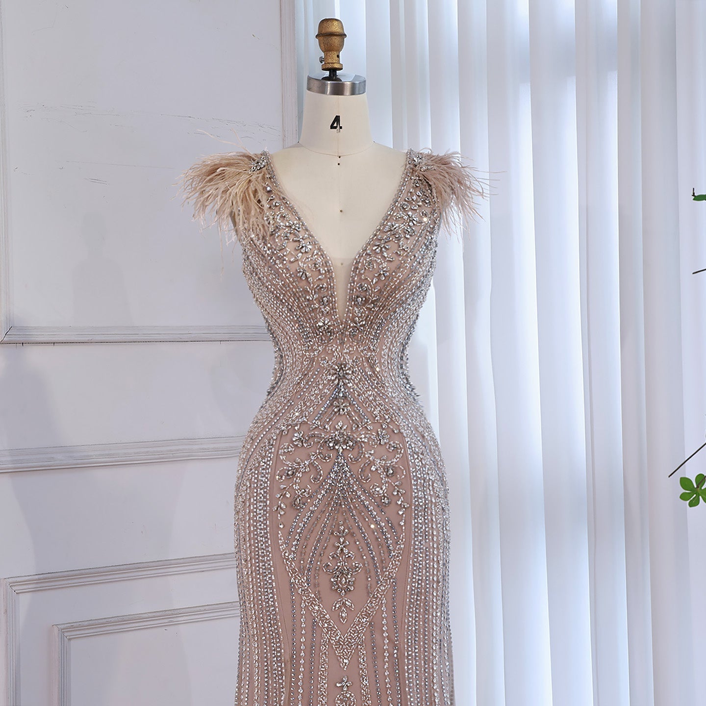 Luxury Caramel Beaded Feather Mermaid Evening Dress LA73529