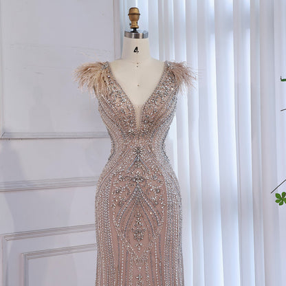Luxury Caramel Beaded Feather Mermaid Evening Dress LA73529