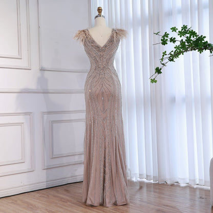 Luxury Caramel Beaded Feather Mermaid Evening Dress LA73529