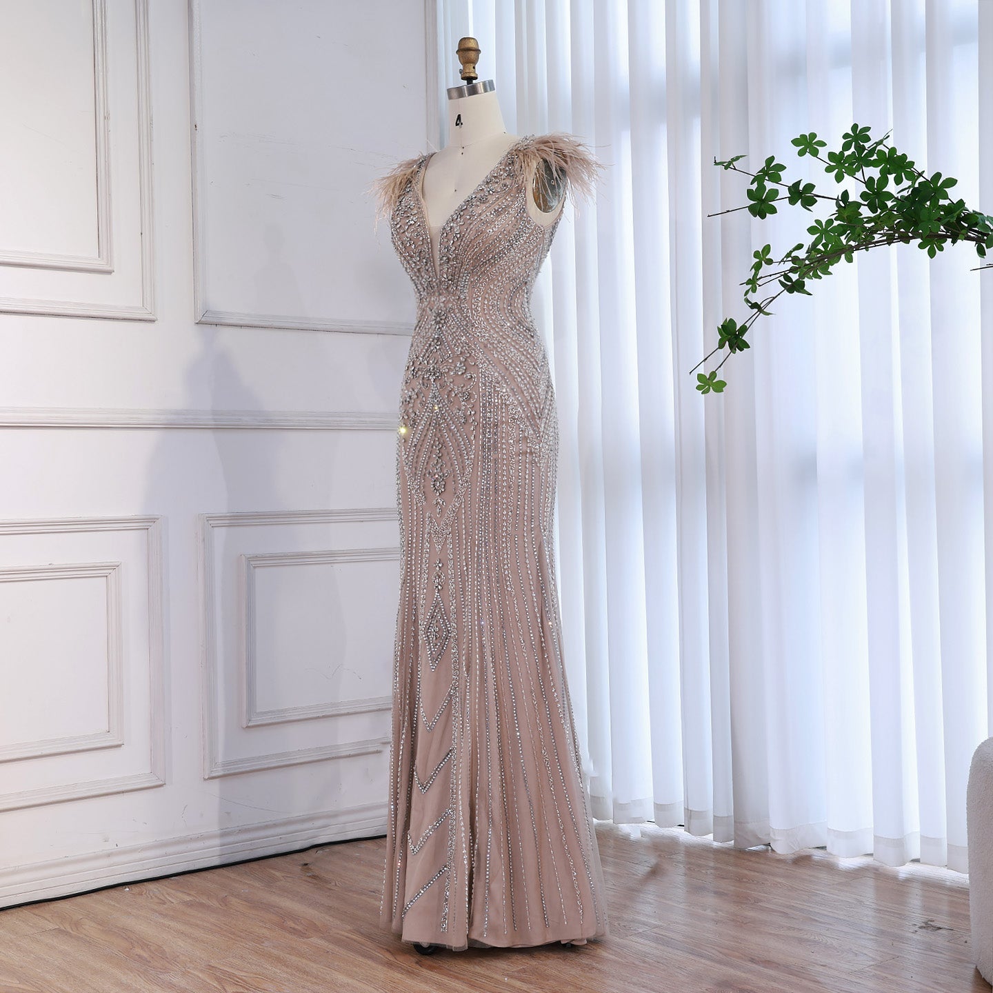 Luxury Caramel Beaded Feather Mermaid Evening Dress LA73529