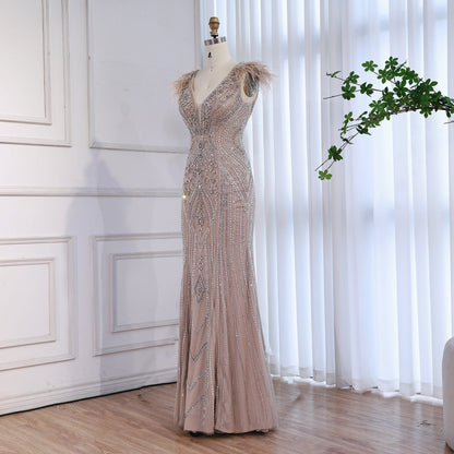 Luxury Caramel Beaded Feather Mermaid Evening Dress LA73529