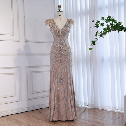 Luxury Caramel Beaded Feather Mermaid Evening Dress LA73529