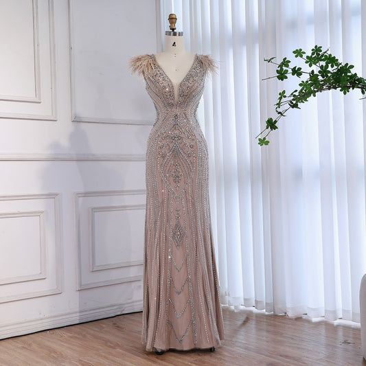 Luxury Caramel Beaded Feather Mermaid Evening Dress LA73529