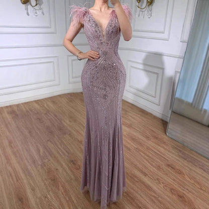 Luxury Caramel Beaded Feather Mermaid Evening Dress LA73529