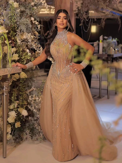 Luxury Nude Crystal Beaded Halter Neck Mermaid Evening Dress with Tulle Overskirt LA73530