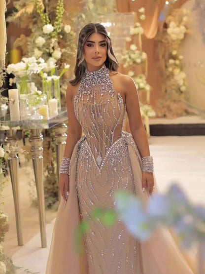 Luxury Nude Crystal Beaded Halter Neck Mermaid Evening Dress with Tulle Overskirt LA73530