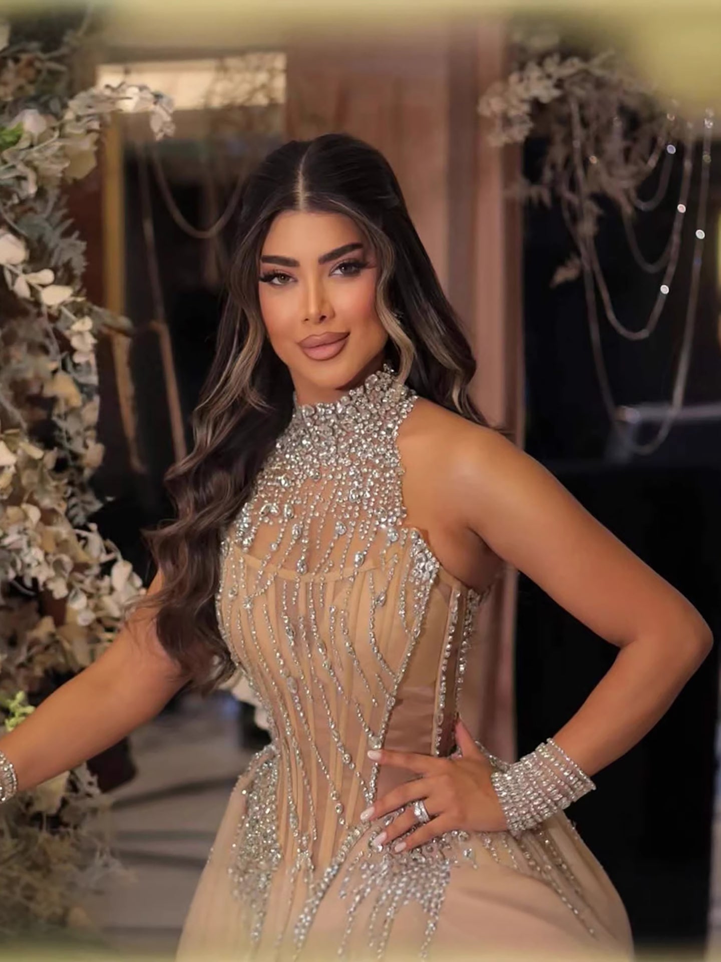 Luxury Nude Crystal Beaded Halter Neck Mermaid Evening Dress with Tulle Overskirt LA73530