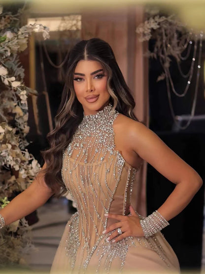 Luxury Nude Crystal Beaded Halter Neck Mermaid Evening Dress with Tulle Overskirt LA73530