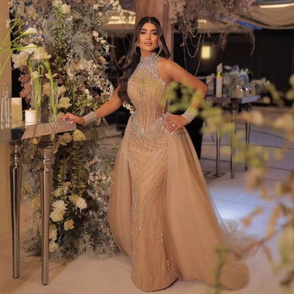 Luxury Nude Crystal Beaded Halter Neck Mermaid Evening Dress with Tulle Overskirt LA73530