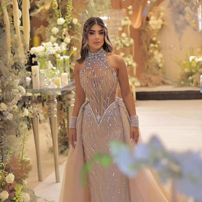 Luxury Nude Crystal Beaded Halter Neck Mermaid Evening Dress with Tulle Overskirt LA73530