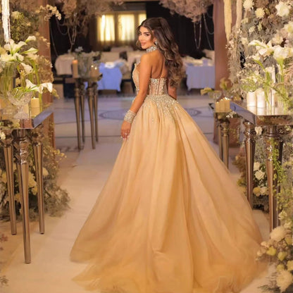 Luxury Nude Crystal Beaded Halter Neck Mermaid Evening Dress with Tulle Overskirt LA73530