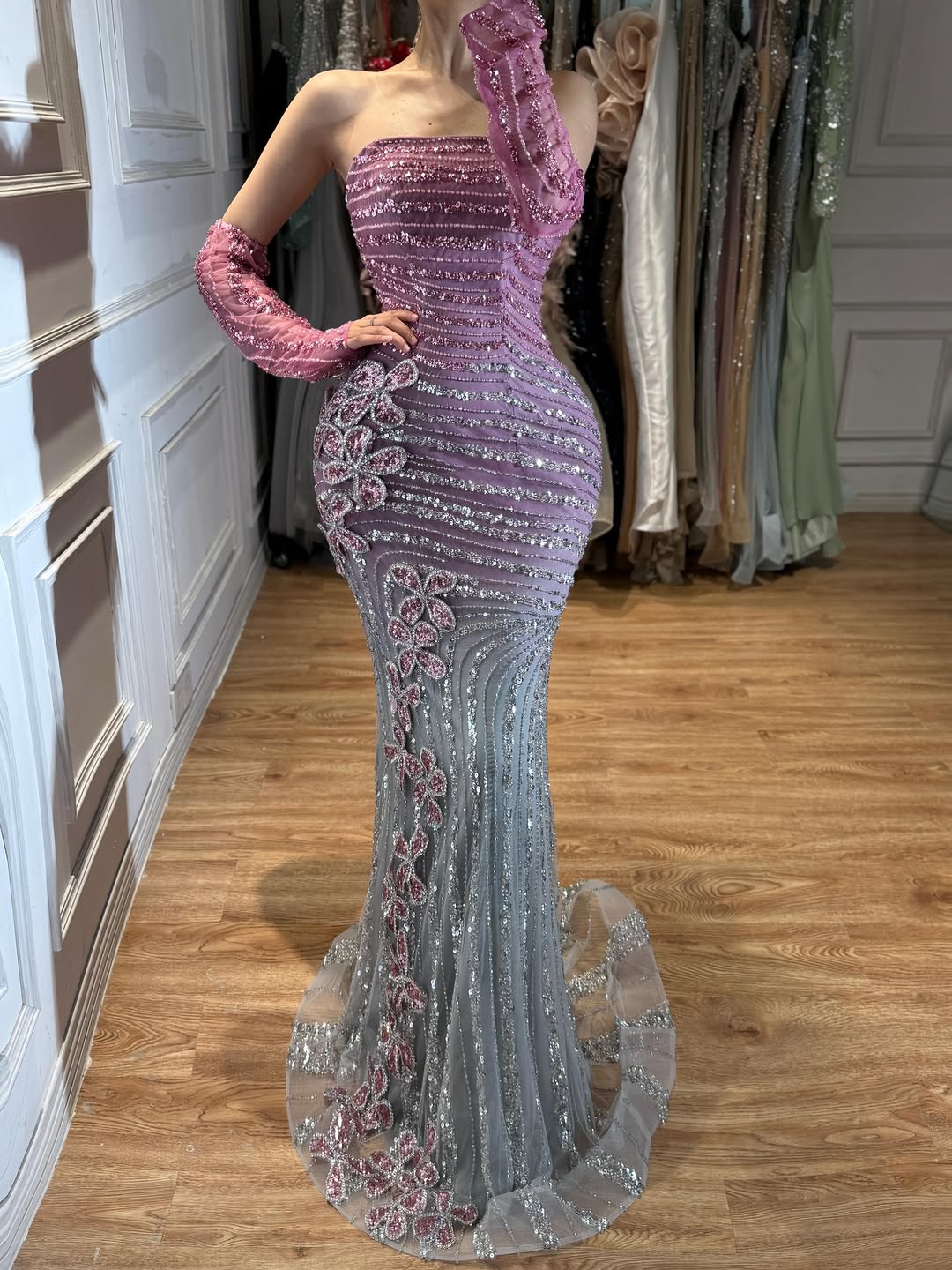 Luxury Pink Gradient Beaded Mermaid Evening Dress LA73532