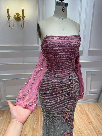 Luxury Pink Gradient Beaded Mermaid Evening Dress LA73532