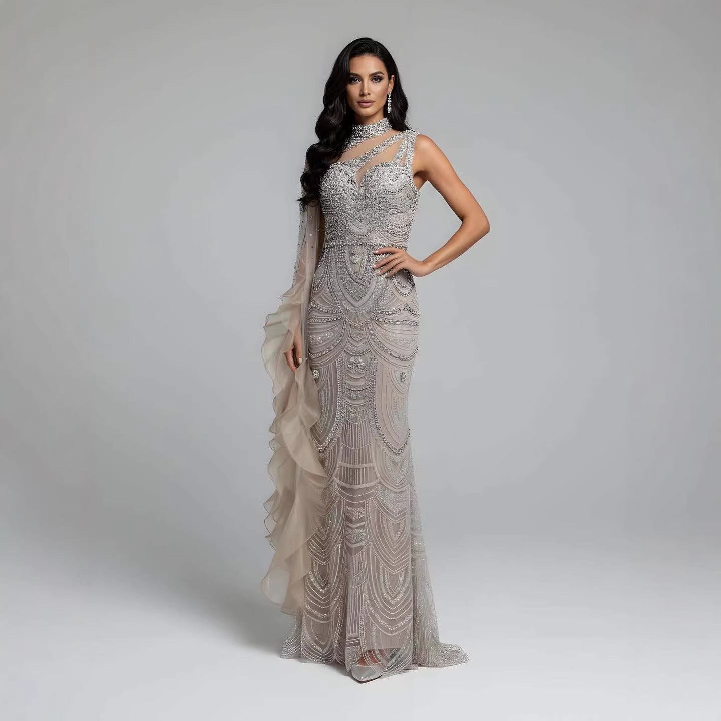 Luxury Nude Crystal One Shoulder Beaded Mermaid Evening Dress LA73533