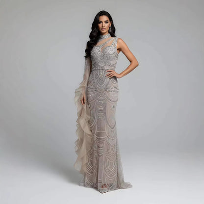 Luxury Nude Crystal One Shoulder Beaded Mermaid Evening Dress LA73533