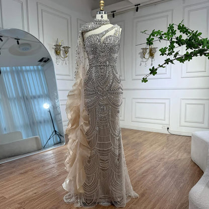 Luxury Nude Crystal One Shoulder Beaded Mermaid Evening Dress LA73533