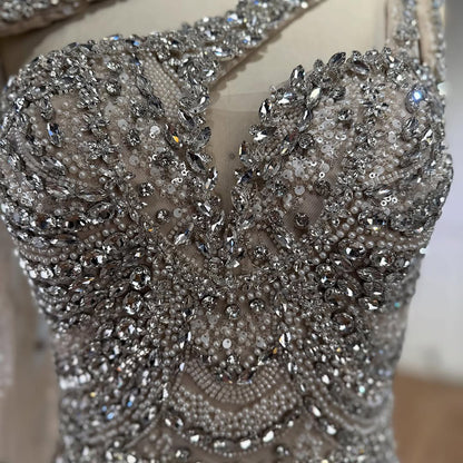 Luxury Nude Crystal One Shoulder Beaded Mermaid Evening Dress LA73533