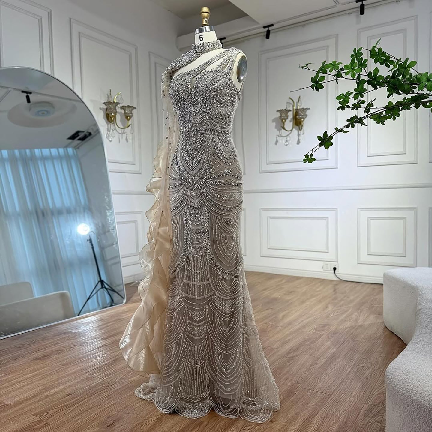 Luxury Nude Crystal One Shoulder Beaded Mermaid Evening Dress LA73533