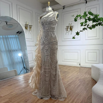 Luxury Nude Crystal One Shoulder Beaded Mermaid Evening Dress LA73533