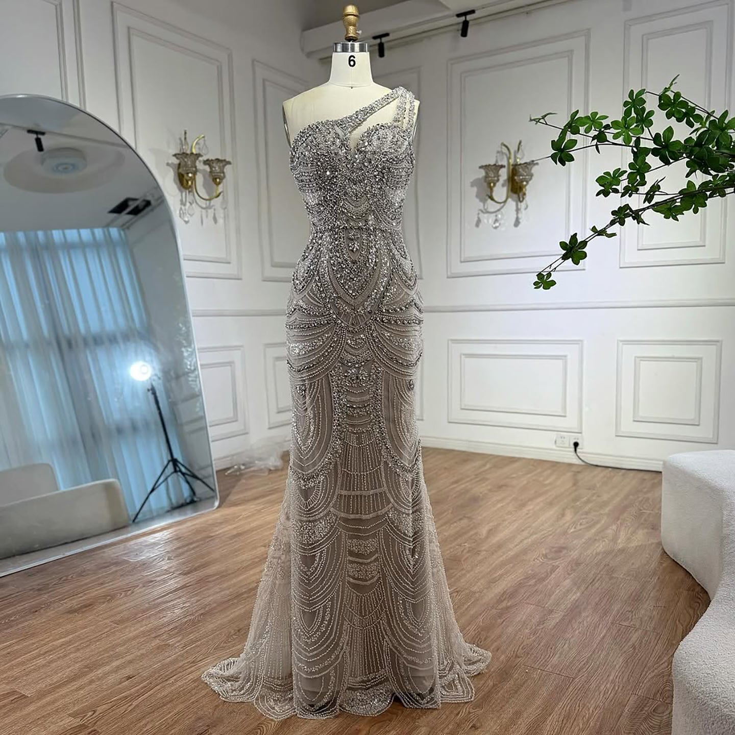 Luxury Nude Crystal One Shoulder Beaded Mermaid Evening Dress LA73533