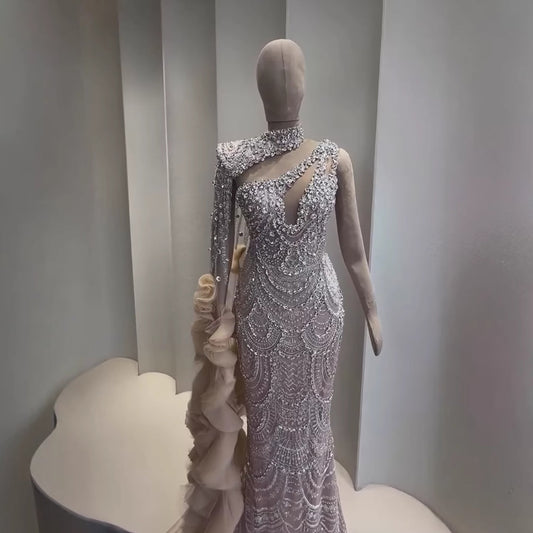 Luxury Nude Crystal One Shoulder Beaded Mermaid Evening Dress LA73533