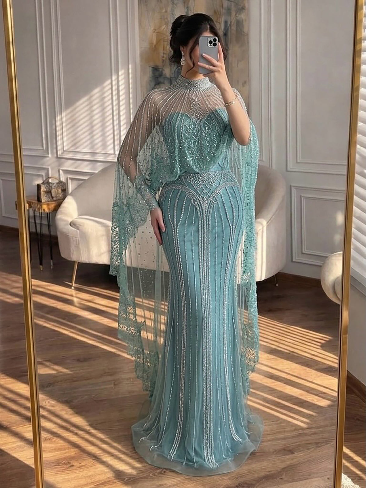 Luxury Nude Crystal Beaded High Neck Evening Dress with Long Cape LA73534